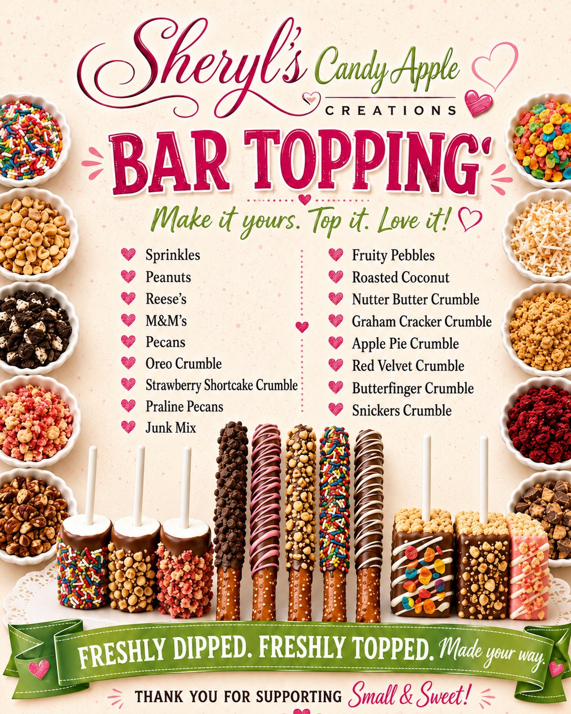 Sheryl's Candy Apple Creations Bar Toppings menu